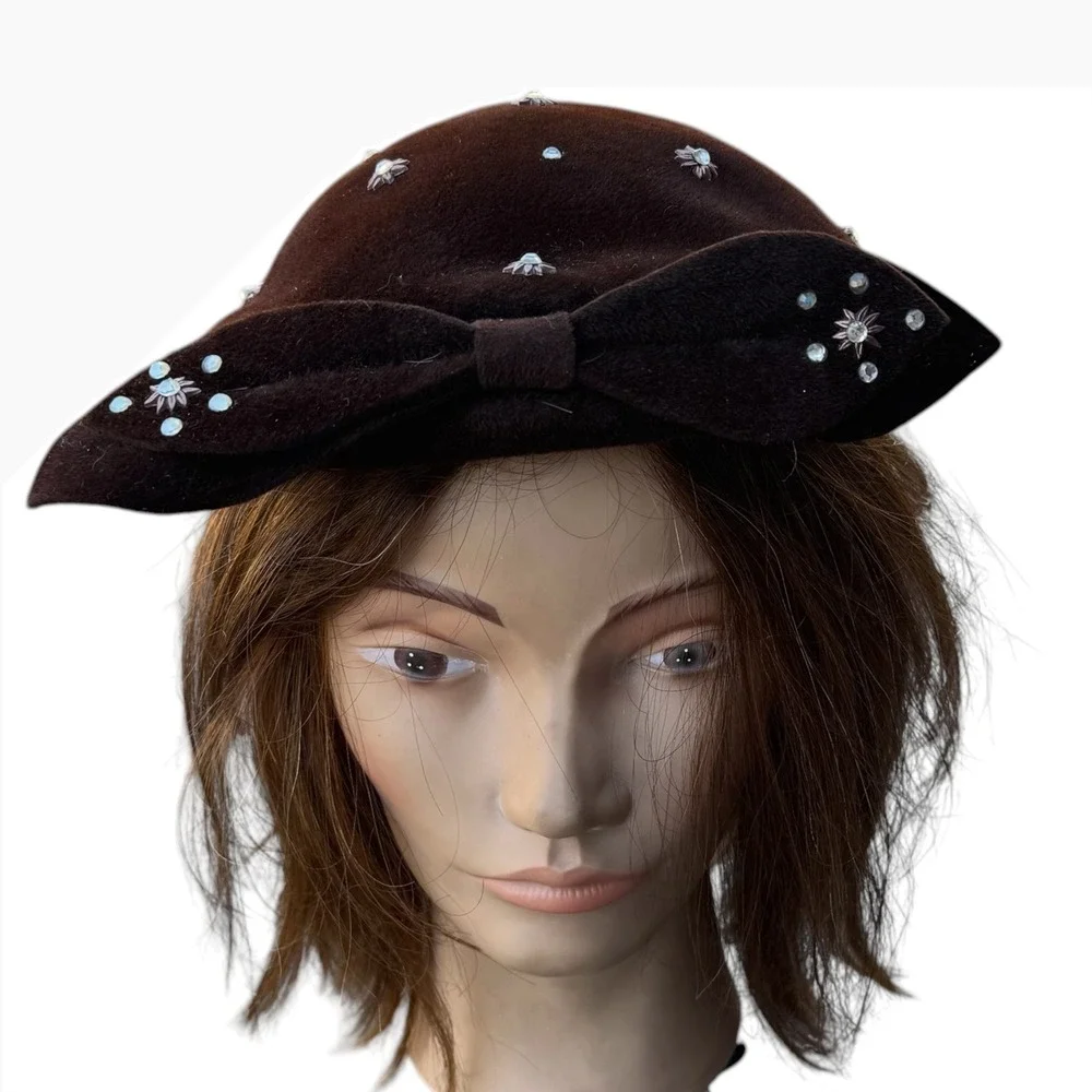 Vintage Brown Velvet Pillbox Hat Rhinestone Starburst Bow Cocktail Fascinator